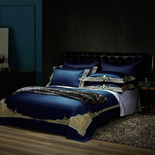 Reina Dark Blue Luxury Egyptian Cotton Embroidery Duvet Cover Set - RoseStraya.com