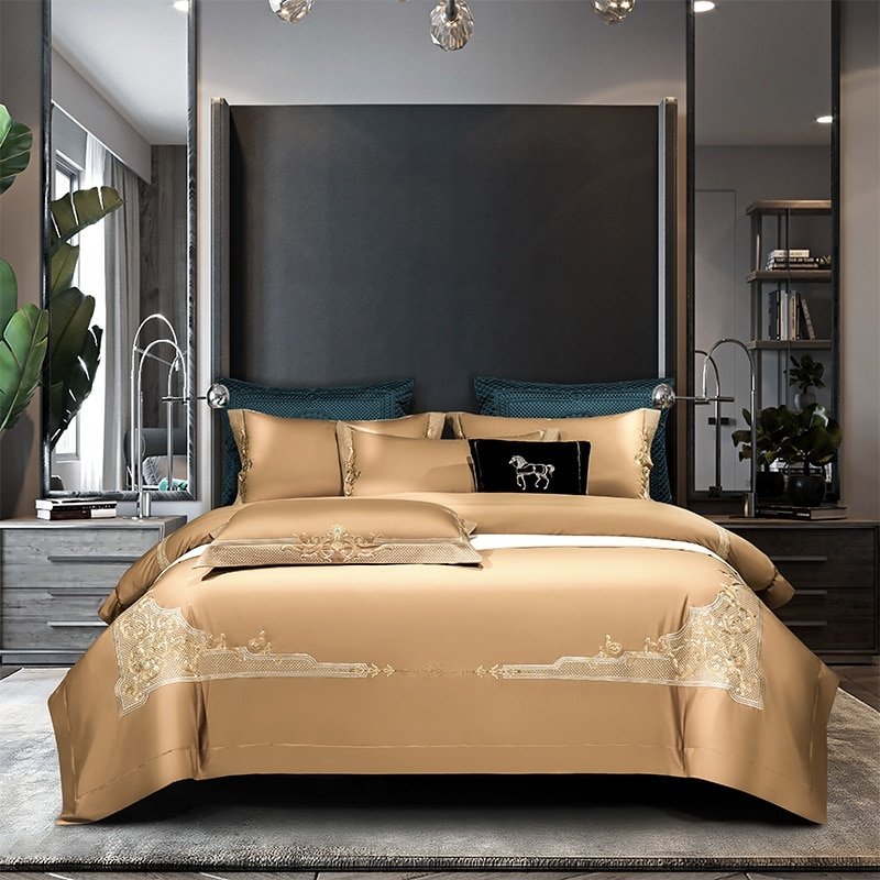 Reina Fairwood Brown Luxury Egyptian Embroidery Cotton Duvet Cover Set - RoseStraya.com