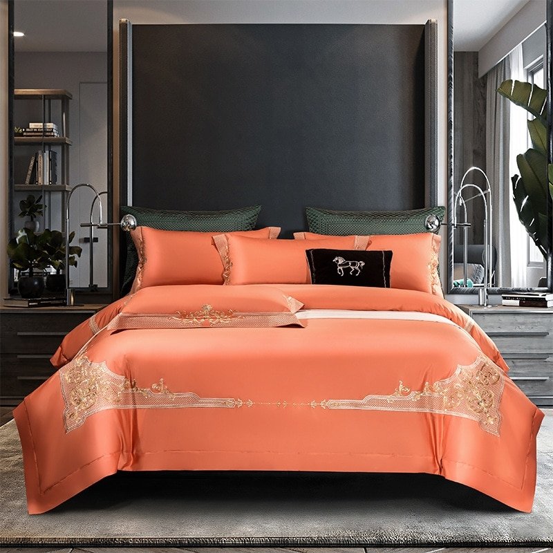 Reina Vivid Tangerine Luxury Egyptian Cotton Duvet Cover Set - RoseStraya.com
