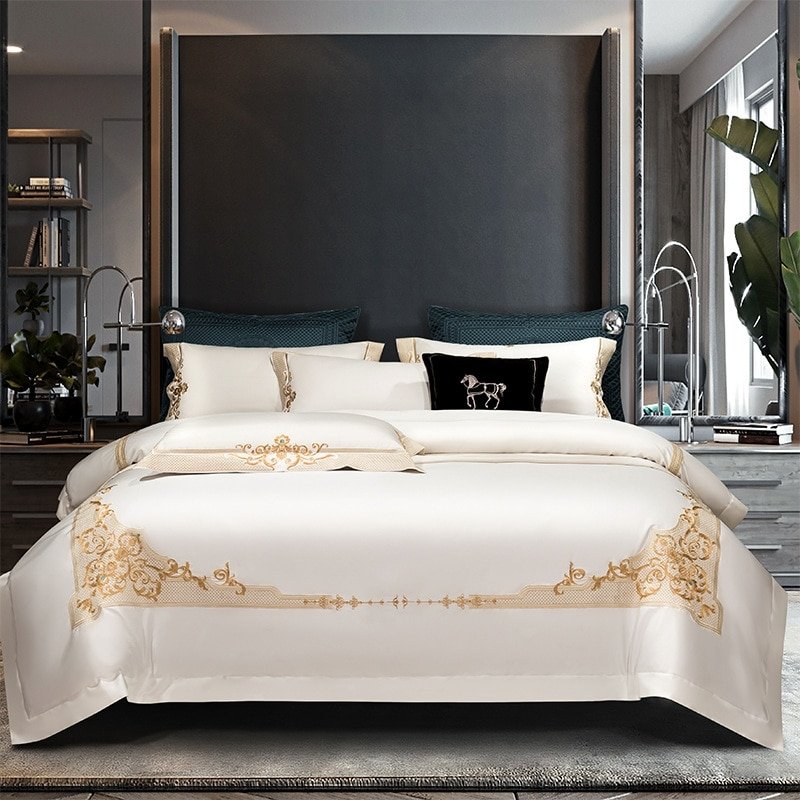 Reina White Luxury Egyptian Cotton Embroidery Duvet Cover Set - RoseStraya.com