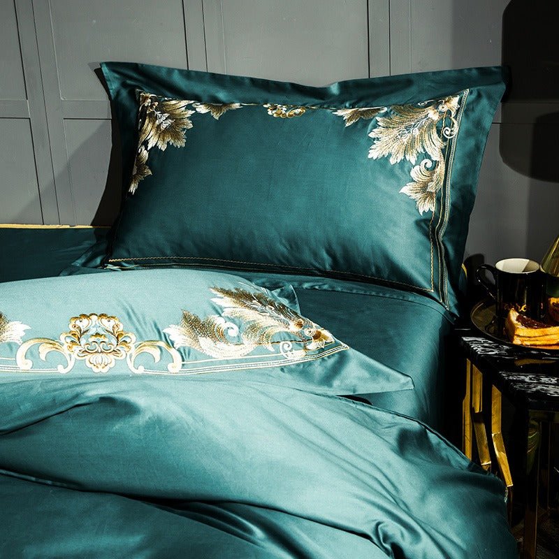 Salome Green Egyptian Cotton Luxury Embroidery Duvet Cover Set - RoseStraya.com