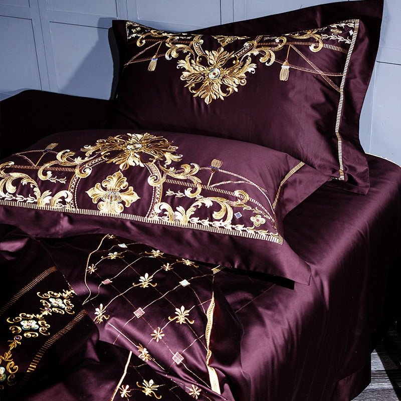 Salome Sangria Egyptian Cotton Luxury Embroidery Duvet Cover Set - RoseStraya.com