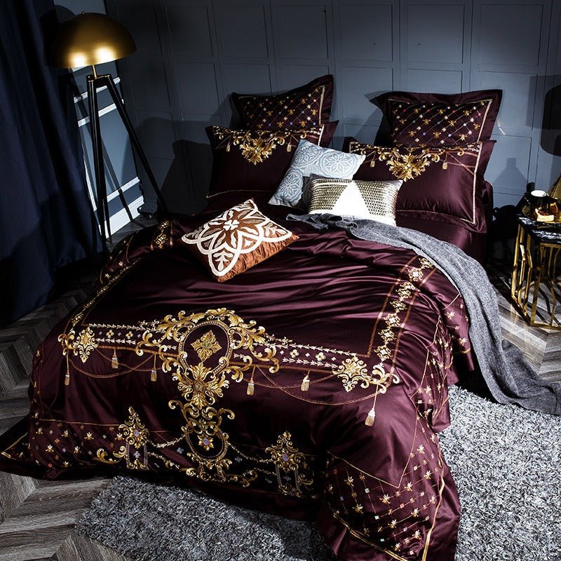 Salome Sangria Egyptian Cotton Luxury Embroidery Duvet Cover Set - RoseStraya.com
