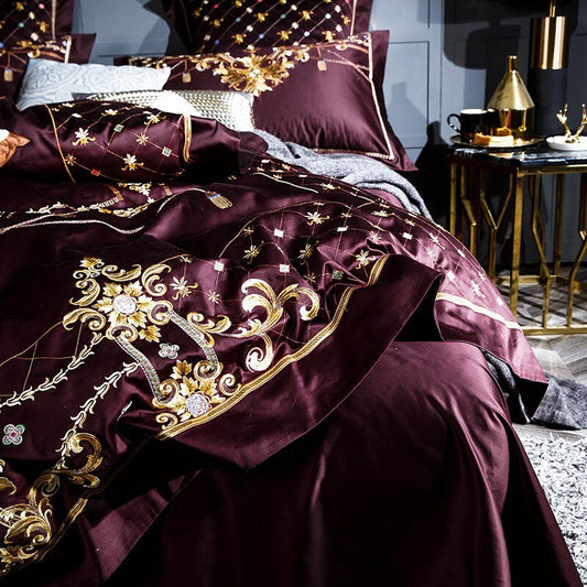 Salome Sangria Egyptian Cotton Luxury Embroidery Duvet Cover Set - RoseStraya.com