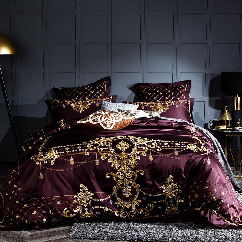 Salome Sangria Egyptian Cotton Luxury Embroidery Duvet Cover Set - RoseStraya.com