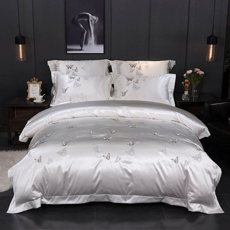 Saraga White Silver Silk Cotton Luxury Butterfly Duvet Cover set - RoseStraya.com