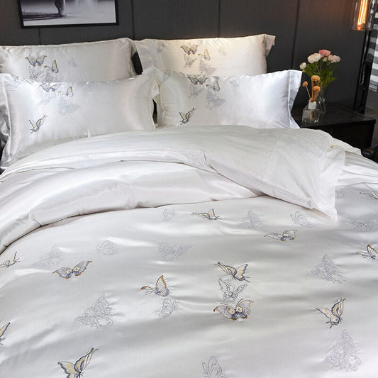 Saraga White Silver Silk Cotton Luxury Butterfly Duvet Cover set - RoseStraya.com