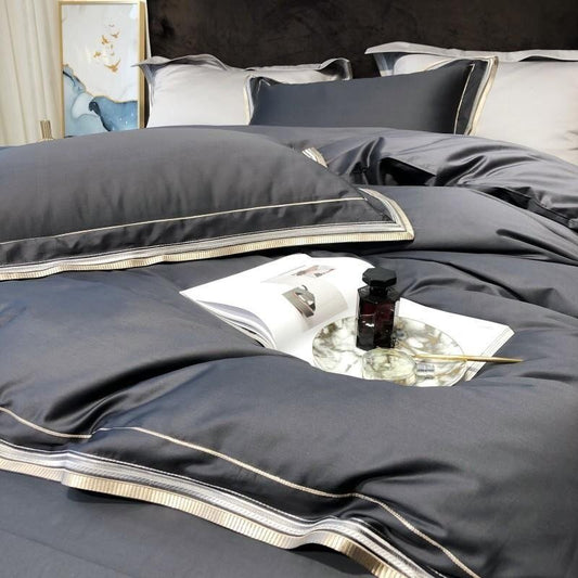 Skylet Modern Threadwork Border Egyptian Cotton Duvet Cover Set - RoseStraya.com