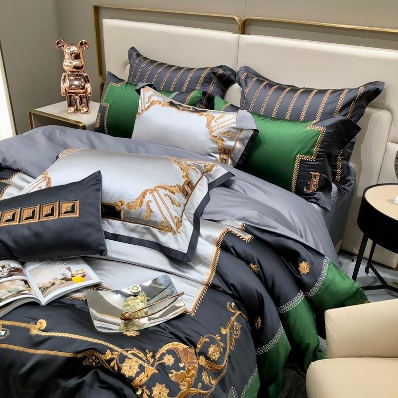 Teresa Satin Jacquard Egyptian Cotton Luxury Embroidered Duvet Cover Set - RoseStraya.com
