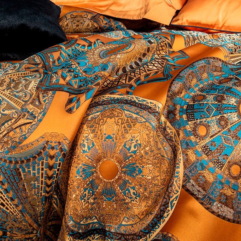 Umaira Embroidered Tassel Rounded Jacquard Satin Duvet Cover Set - RoseStraya.com