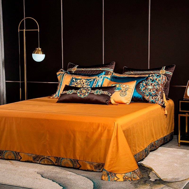 Umaira Embroidered Tassel Rounded Jacquard Satin Duvet Cover Set - RoseStraya.com