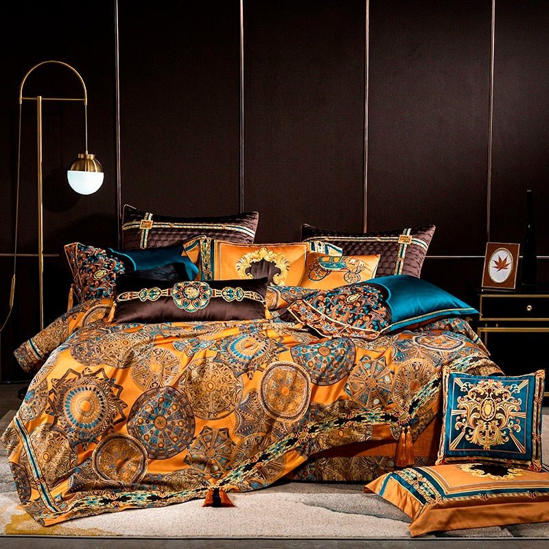 Umaira Embroidered Tassel Rounded Jacquard Satin Duvet Cover Set - RoseStraya.com