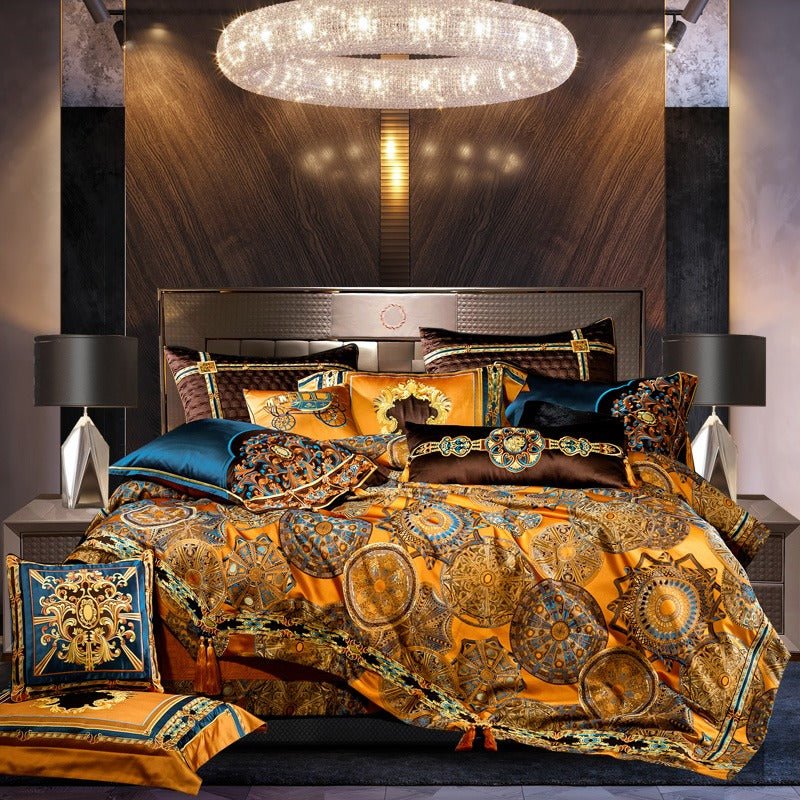 Umaira Embroidered Tassel Rounded Jacquard Satin Duvet Cover Set - RoseStraya.com