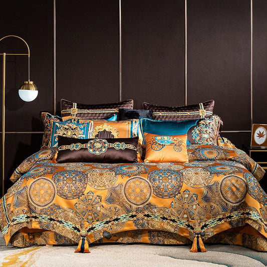 Umaira Embroidered Tassel Rounded Jacquard Satin Duvet Cover Set - RoseStraya.com