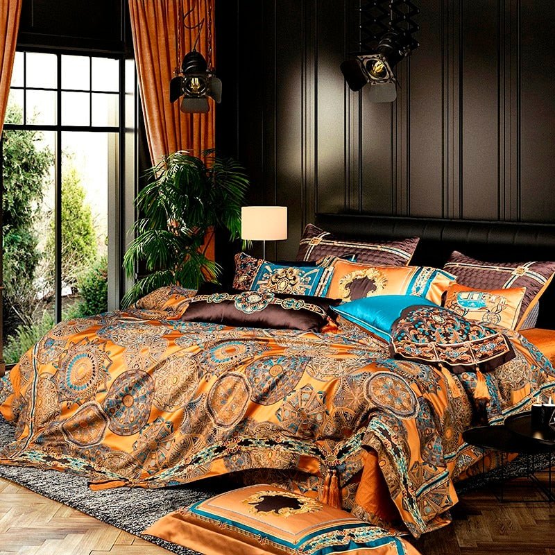 Umaira Embroidered Tassel Rounded Jacquard Satin Duvet Cover Set - RoseStraya.com