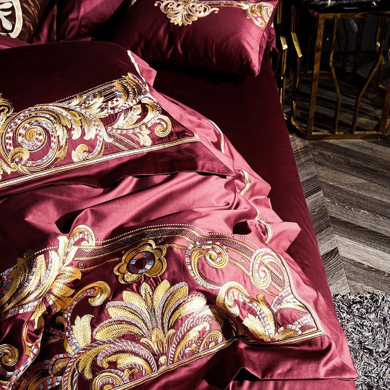Yara Burgundy Red Luxury Egyptian Cotton Embroidery Duvet Cover Set - RoseStraya.com