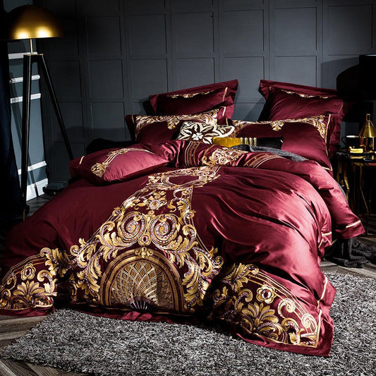Yara Burgundy Red Luxury Egyptian Cotton Embroidery Duvet Cover Set - RoseStraya.com