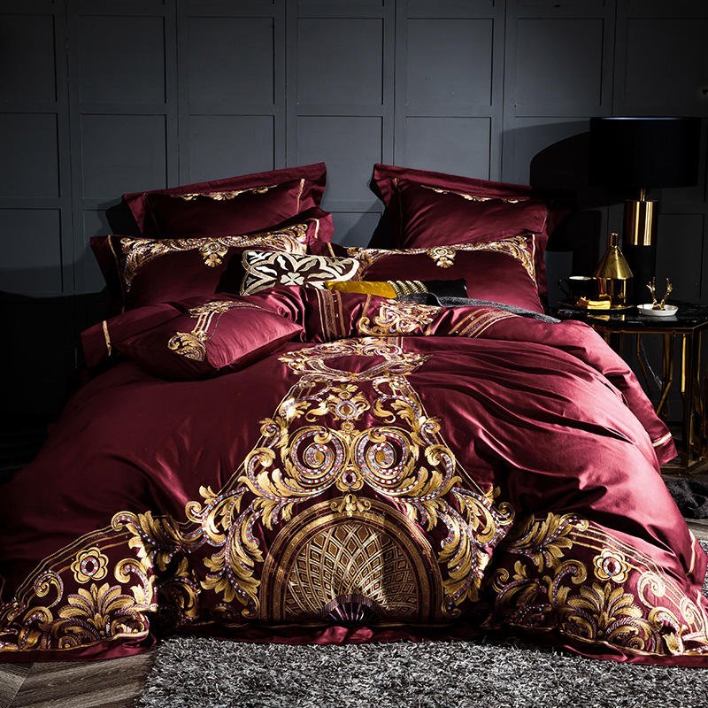 Yara Burgundy Red Luxury Egyptian Cotton Embroidery Duvet Cover Set - RoseStraya.com