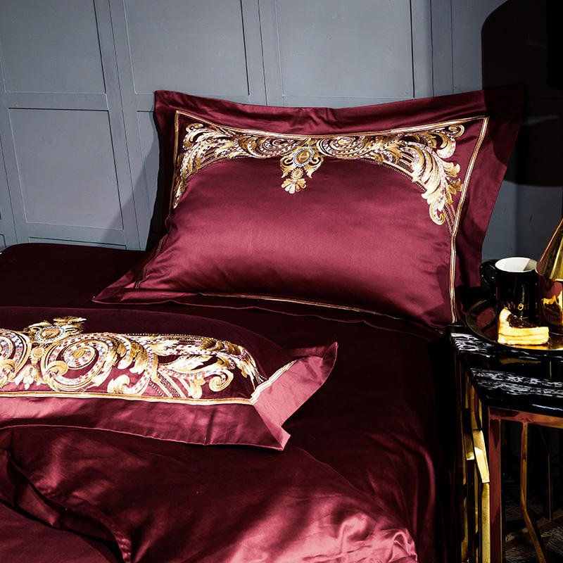 Yara Burgundy Red Luxury Egyptian Cotton Embroidery Duvet Cover Set - RoseStraya.com