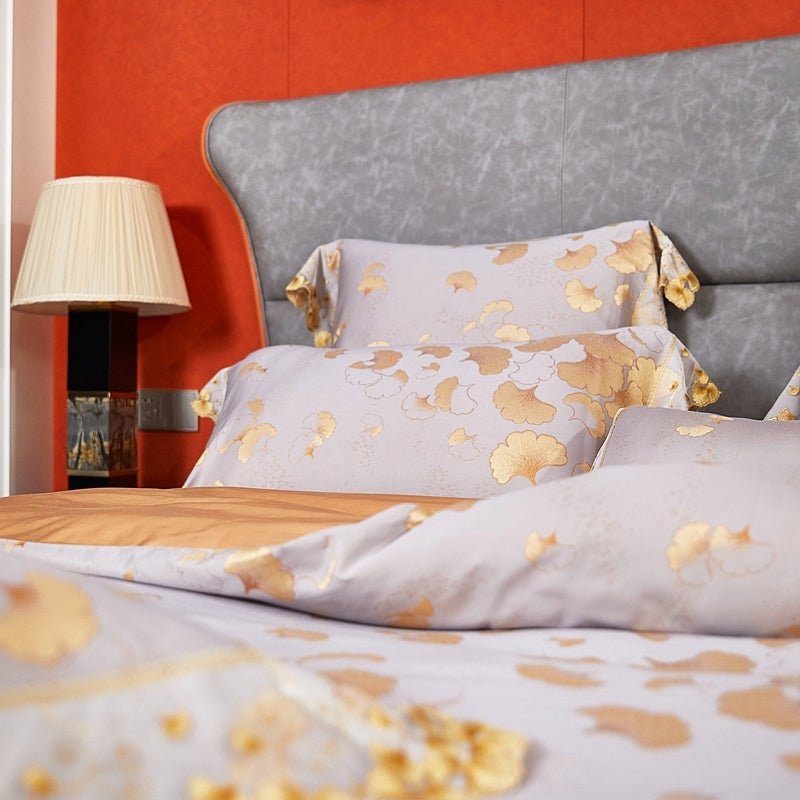Yin Xing Ginkgo Leaves Jacquard Soft Sateen Cotton Duvet Cover Set - RoseStraya.com