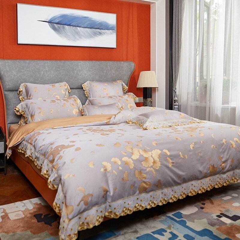 Yin Xing Ginkgo Leaves Jacquard Soft Sateen Cotton Duvet Cover Set - RoseStraya.com