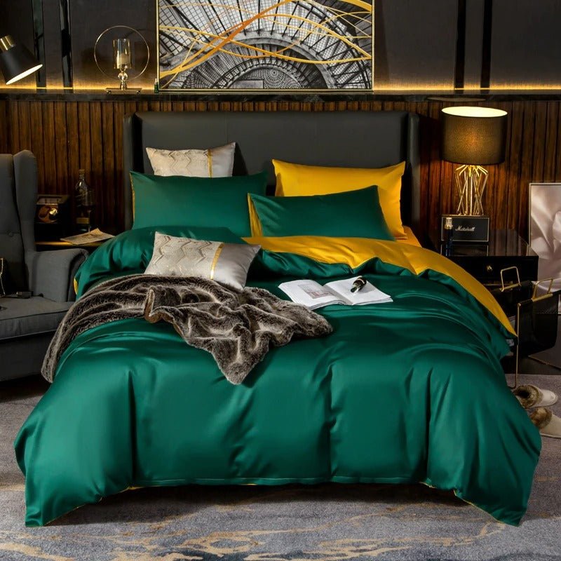 Zerua Emerald Green Gold Reversible Egyptian Cotton Duvet Cover Set - RoseStraya.com