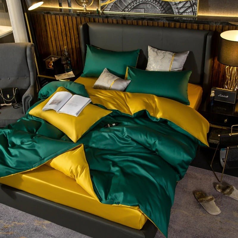 Zerua Emerald Green Gold Reversible Egyptian Cotton Duvet Cover Set - RoseStraya.com