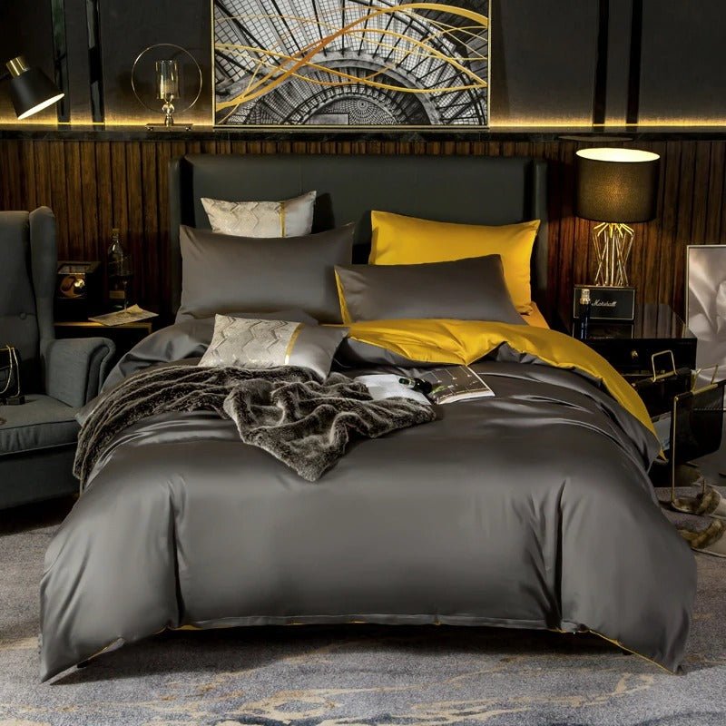 Zerua Grey Gold Reversible Egyptian Cotton Duvet Cover Set - RoseStraya.com