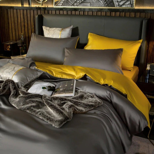 Zerua Grey Gold Reversible Egyptian Cotton Duvet Cover Set - RoseStraya.com