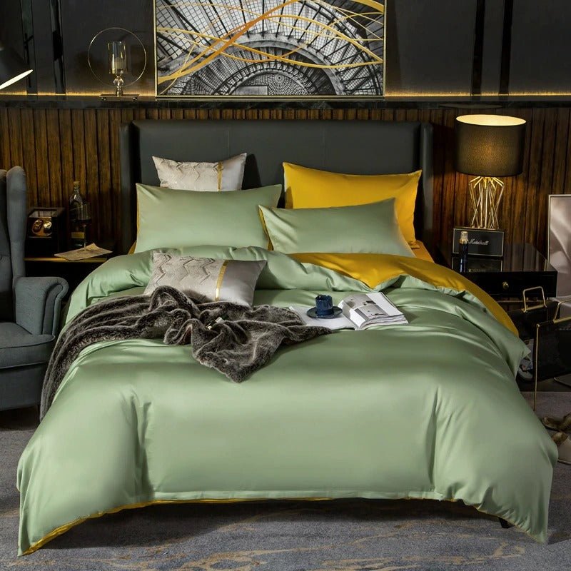 Zerua Light Green Gold Reversible Egyptian Cotton Duvet Cover Set - RoseStraya.com