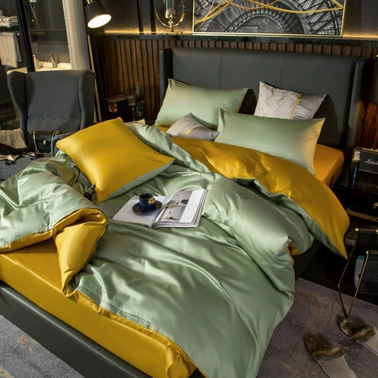 Zerua Light Green Gold Reversible Egyptian Cotton Duvet Cover Set - RoseStraya.com