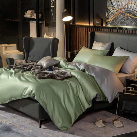 Zerua Light Green Silver Reversible Egyptian Cotton Duvet Cover Set - RoseStraya.com