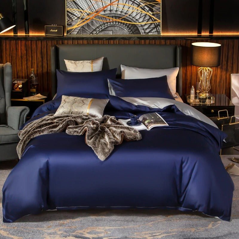 Zerua Royal Blue Silver Reversible Egyptian Cotton Duvet Cover Set - RoseStraya.com