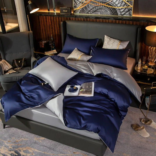 Zerua Royal Blue Silver Reversible Egyptian Cotton Duvet Cover Set - RoseStraya.com