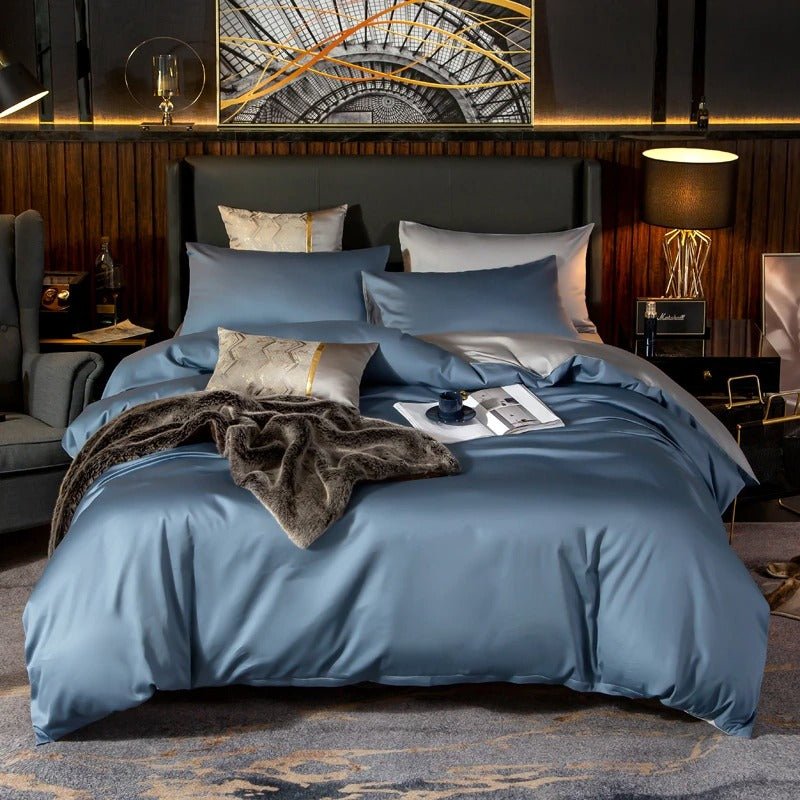 Zerua Sky Blue Silver Reversible Egyptian Cotton Duvet Cover Set - RoseStraya.com