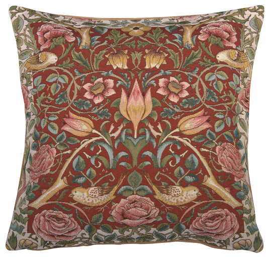 Roses and Birds Red French Cushion Cover