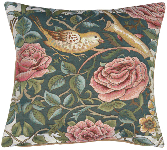 Zoom Bird and Roses Blue French Cushion Cover
