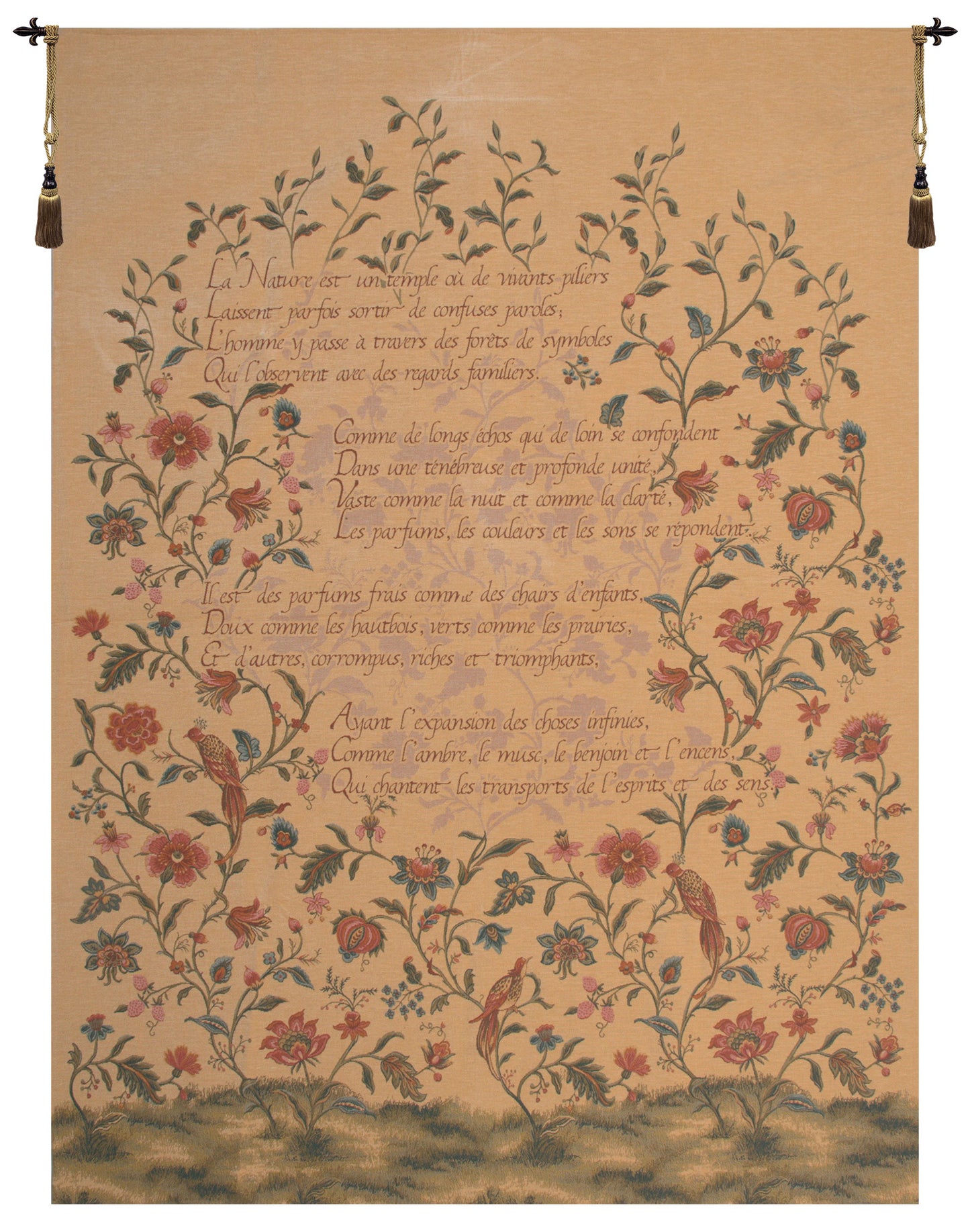 French Poem and Birds Belgian Tapestry