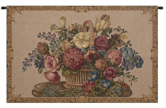 Flower Basket with Cream Chenille Background Italian Wall Tapestry