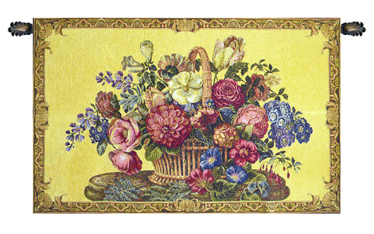 Flower Basket with Yellow Chenille Background Italian Wall Tapestry