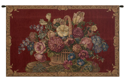 Flower Basket with Burgundy Chenille Background Italian Wall Tapestry
