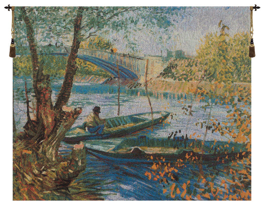 Angler and Boat at Pont de Clichy Belgian Tapestry Wall Art