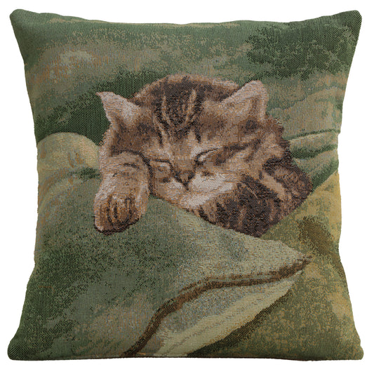 Sleeping Cat Green French Cushion Cover