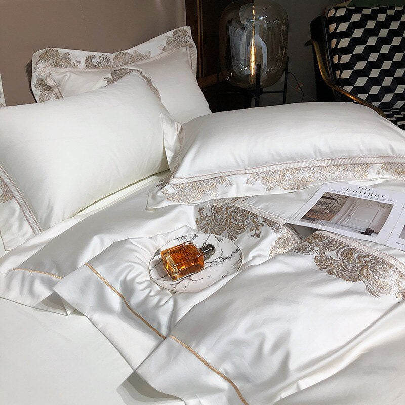 Ainia Gold Embroidered Panel Egyptian Cotton Duvet Cover Set