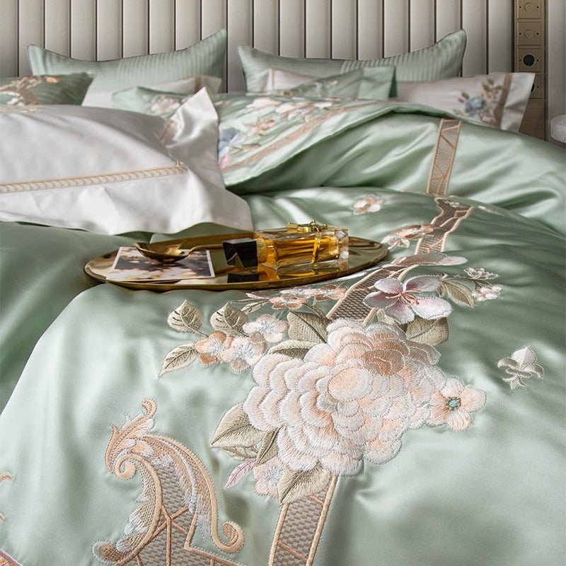 Abrial Green Embroidery Egyptian Cotton Duvet Cover Set - RoseStraya.com