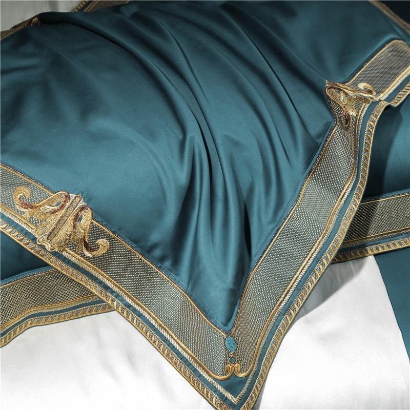 Annika Teal Blue Embroidered Motif Border Egyptian Cotton Duvet Cover Set - RoseStraya.com