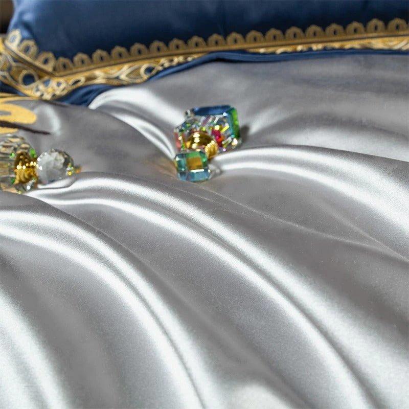 Aureo Gold/Blue Embroidered Silk Satin Duvet Cover Set - RoseStraya.com