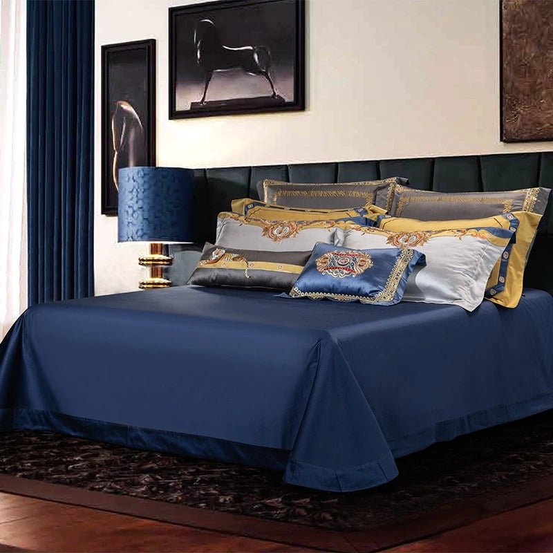 Aureo Gold/Blue Embroidered Silk Satin Duvet Cover Set - RoseStraya.com