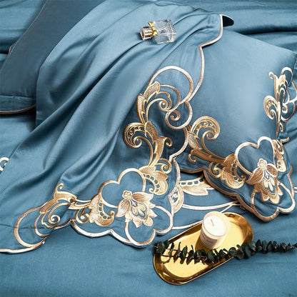 Bergenia Blue Embroidered Cotton Duvet Cover Set - RoseStraya.com