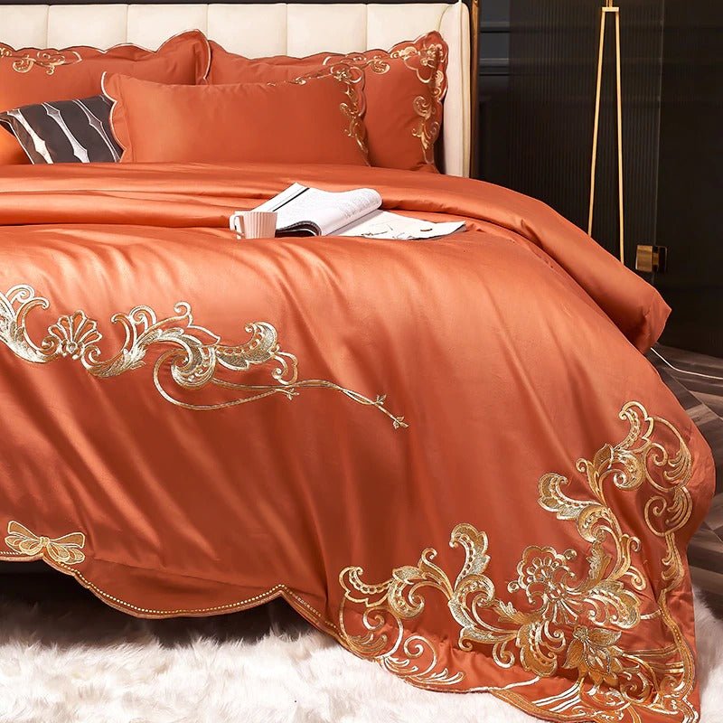 Bergenia Orange Embroidered Cotton Duvet Cover Set - RoseStraya.com